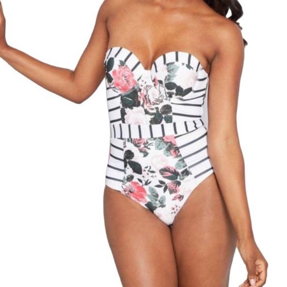 ModCloth Medium White Black Striped Floral One Piece Swimsuit Resortwear Beach